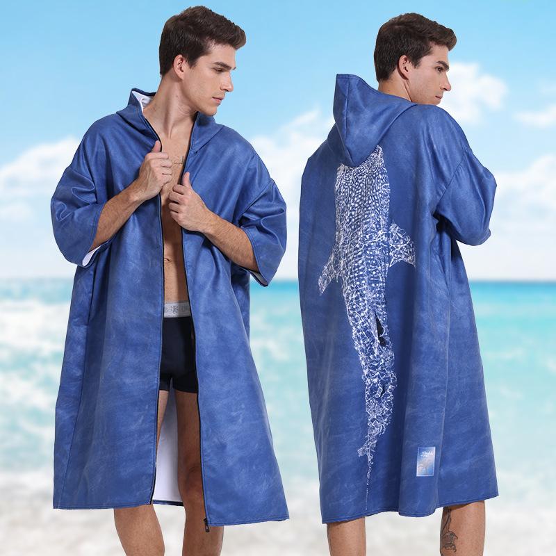 Quick-drying bathrobe with zipper, swimming towel, portable changing hooded cape, wearable beach towel