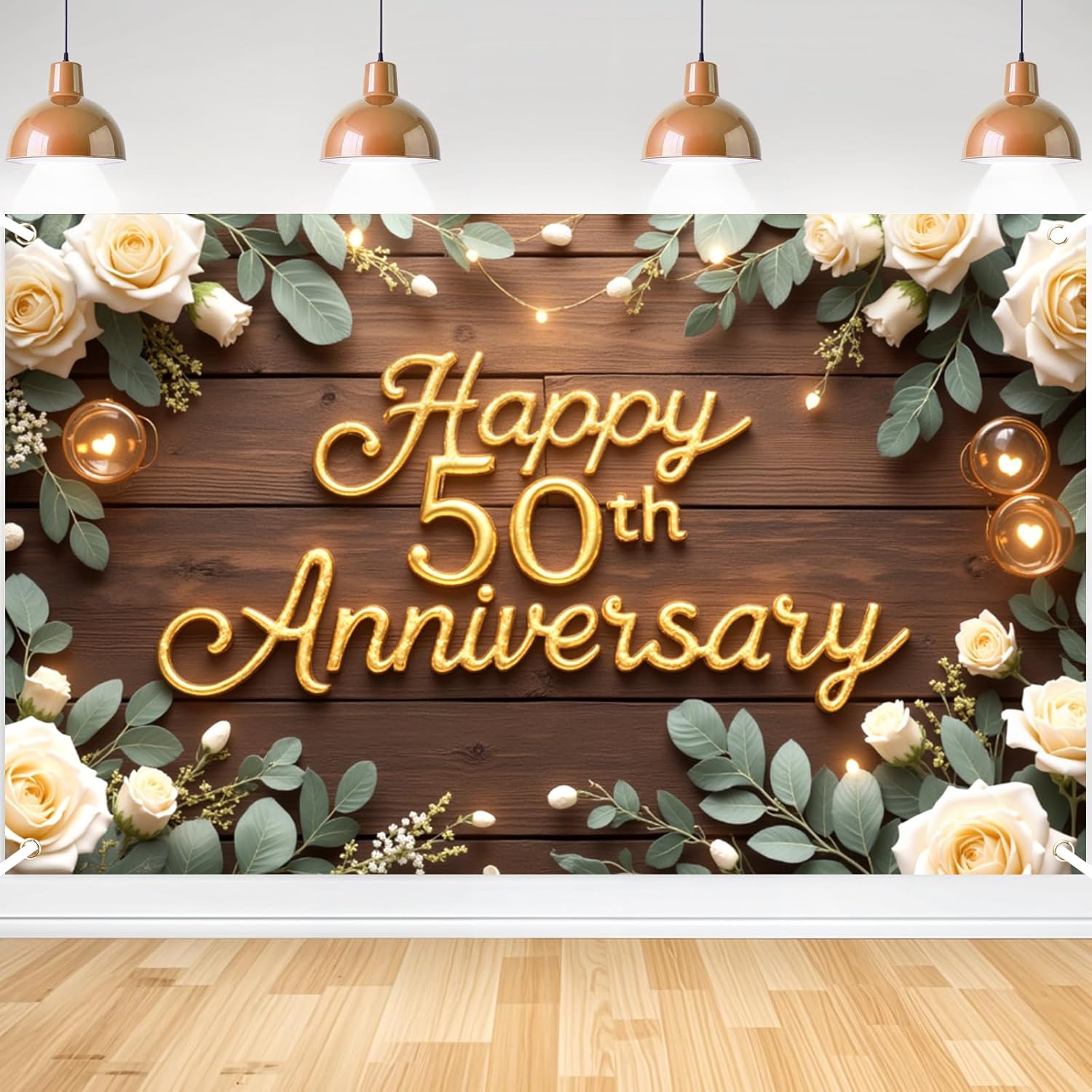 Happy 50th Anniversary Decorations Banner, 50th Wedding Anniversary Party Decoration Floral Backdrop, Celebration Golden Wedding Birthday Party