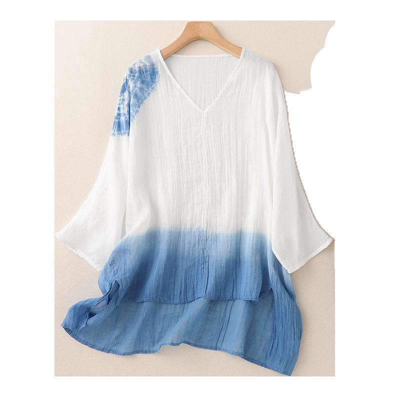 Women's Summer Retro Ink Splatter Batwing Sleeve Ramie Top