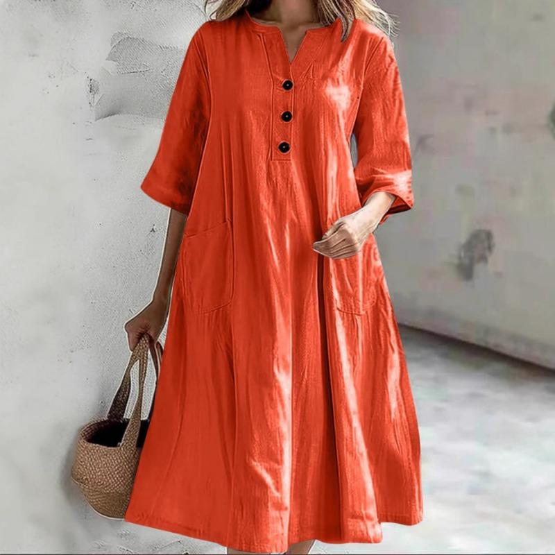 Women's Three-button Pocket Dress Women's Mid-length V-neck Half-sleeved