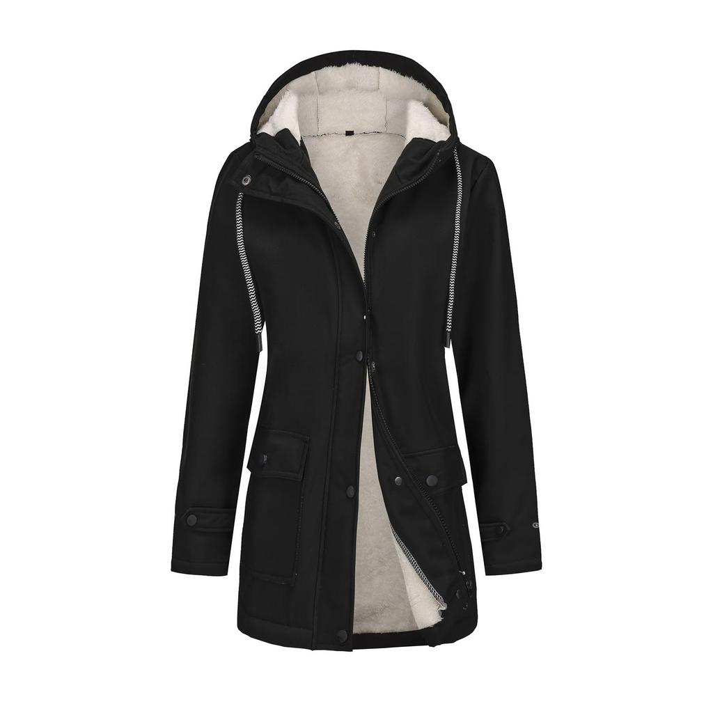 Women’s Trenches Hooded Windbreakers Long Sleeves Fleece Coats Water-resistant Zipper Jackets Autumn Winter Outer Wear