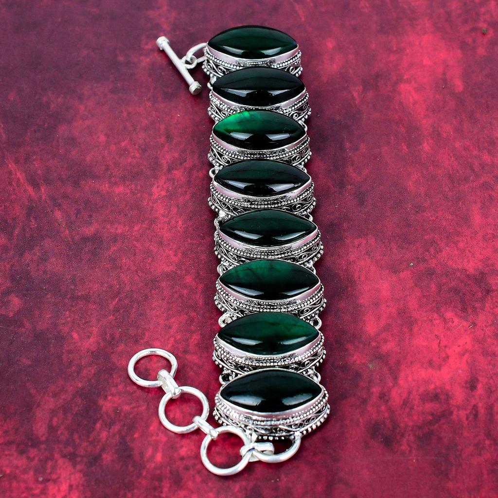 Green Flash Labradorite Handmade Gemstone Bracelet, 925 Solid Sterling Silver Bracelet Antique Jewelry, Adjustable Chain Bracelet Engagement Gift