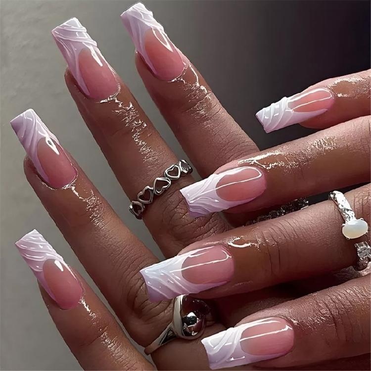 

24 Pieces Square Shaped Nail Tips with French Tip 3D Stripes Designs Glossy Stick on Nail for Various Occasion 1