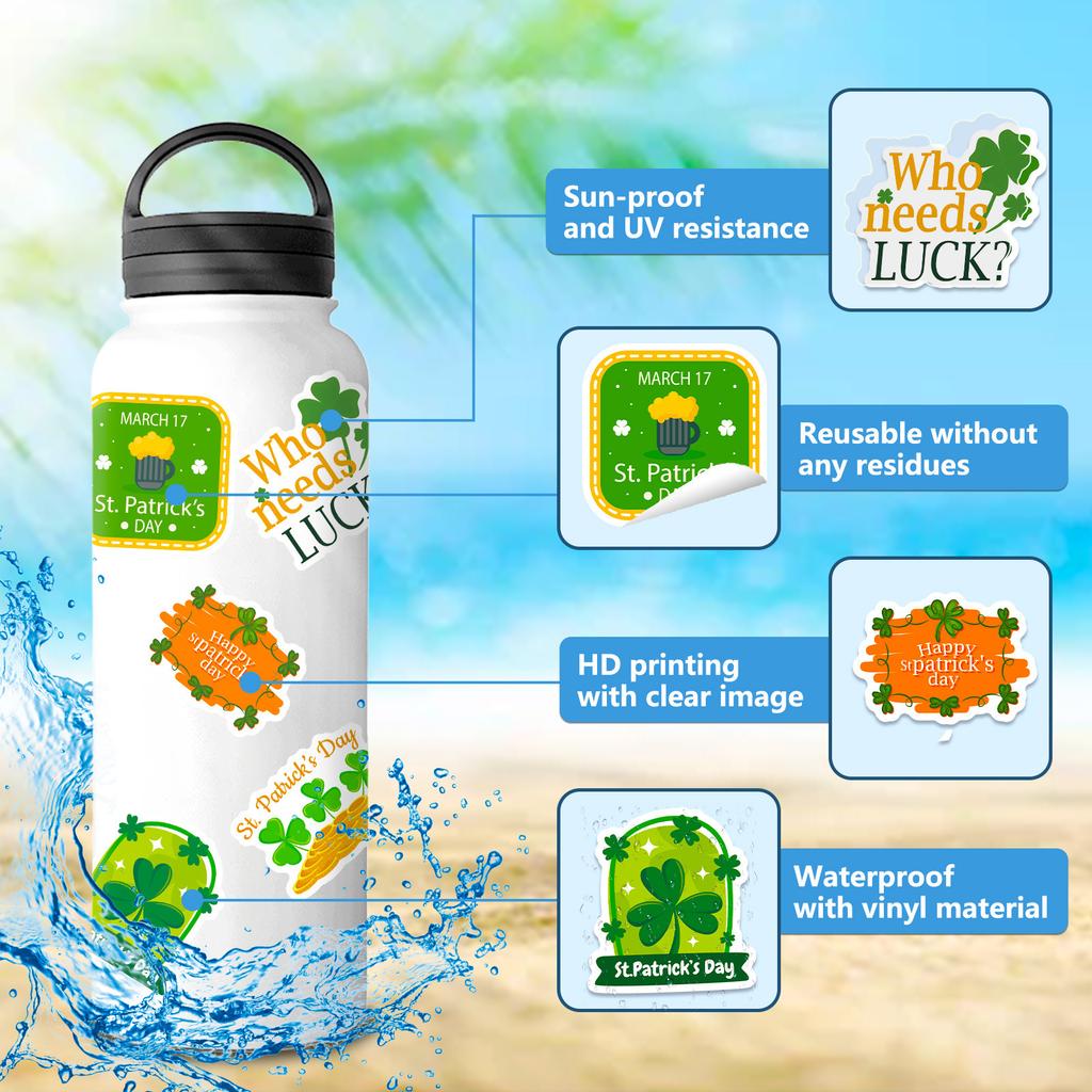 50Pcs St Patrick's Stickers - Lucky Shamrock Vinyl Decals for DIY Crafts & Decor (5x4.9cm)