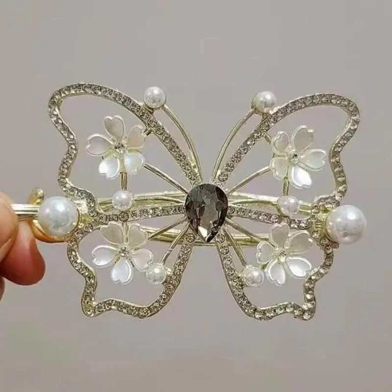 Fashion Butterfly Pearl Tassel Hair Claw Rhinestone Clip Korean Simple Shark Ponytail Crab Clip Hair Accessories for Girls Gifts