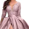 Deep V-Neck 45720 Sleeve Lace Splicing Waist Tight Mid-Rise Gown Dress Women Sequins
