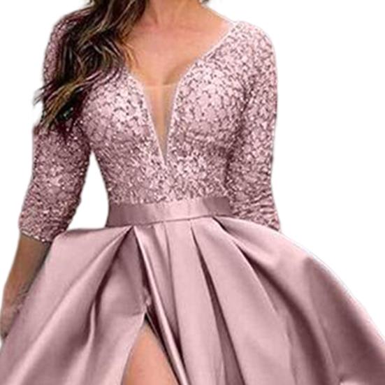 Deep V-Neck 45720 Sleeve Lace Splicing Waist Tight Mid-Rise Gown Dress Women Sequins