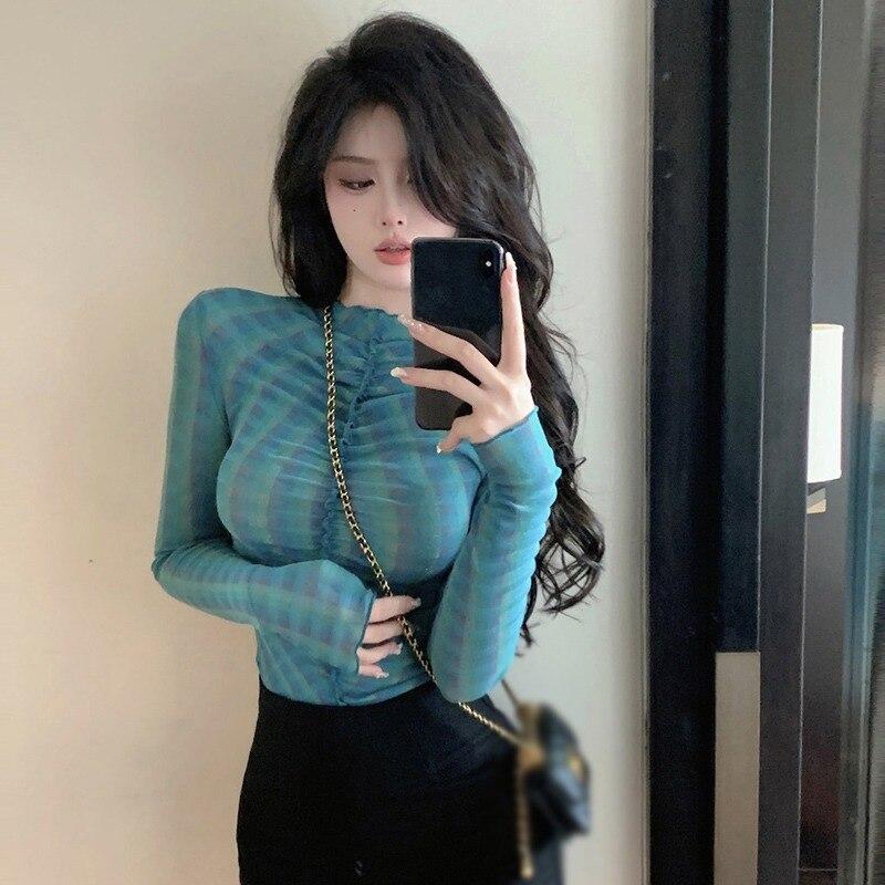 Women's Top Long Sleeve Slightly Transparent Half Turtleneck