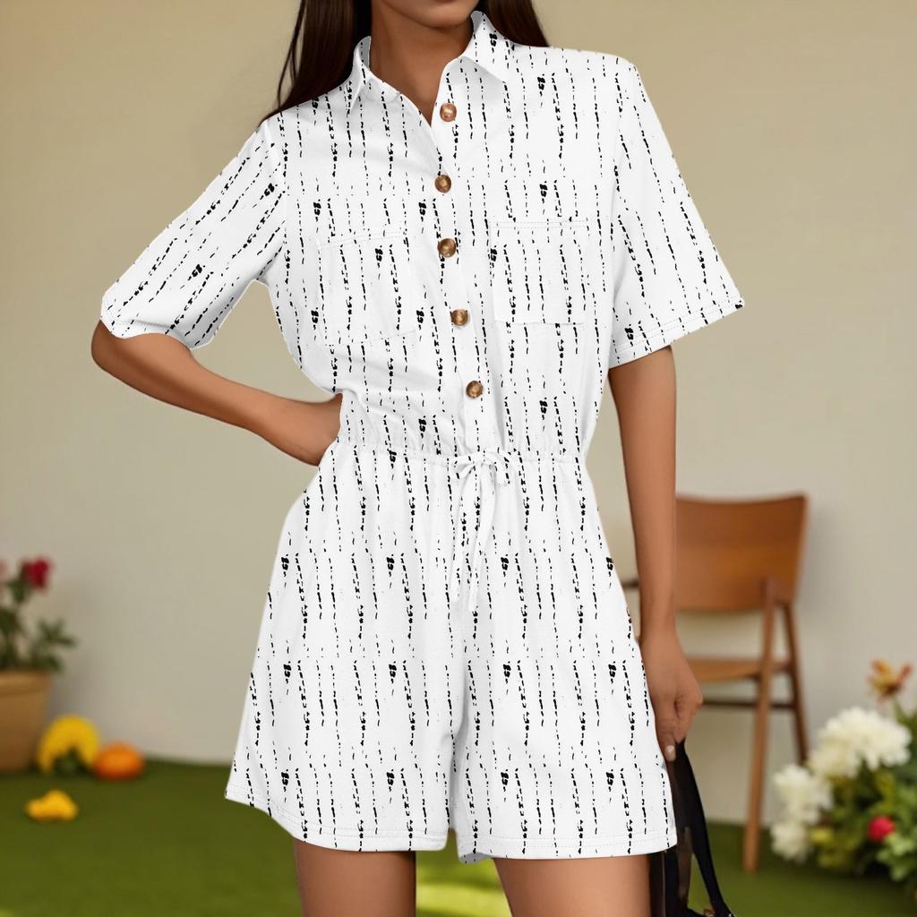 Damenmode V-Ausschnitt Jumpsuit Karomuster Lässig Kurzarm Top Jumpsuit