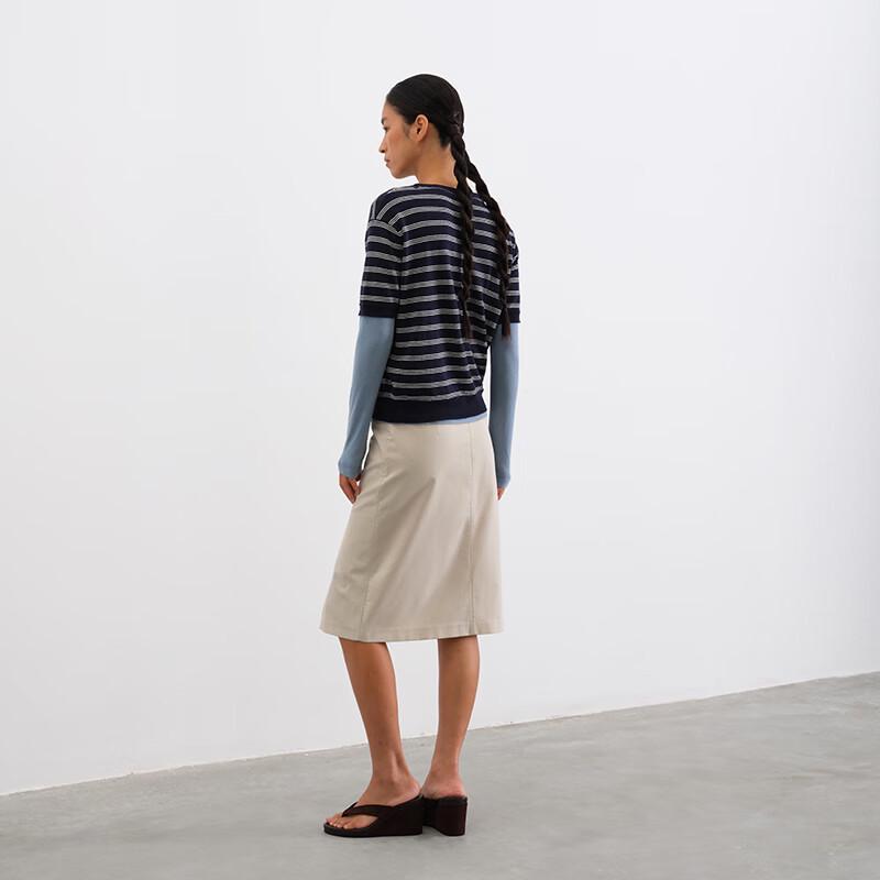 GREEN BELT Striped Wool Linen Knit Short Sleeve Top with Necktie