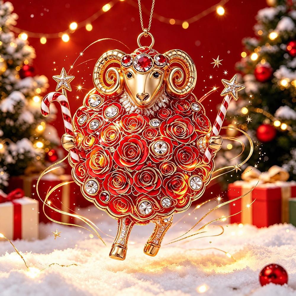 Artificial Rhinestone Goat Pendant 2D Flat Animal Hanging Decoration Christmas Tree Ornament