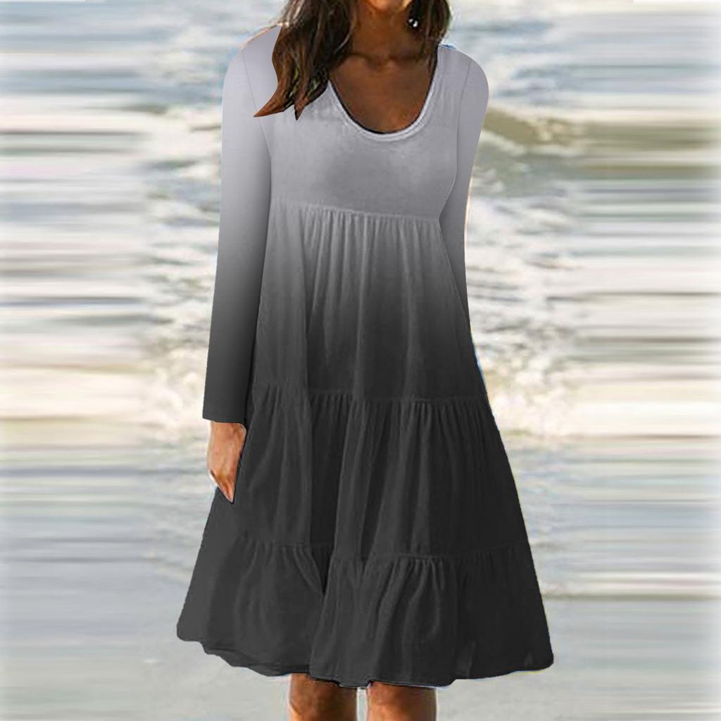 Women's Fashion Long Sleeve Round Neck Gradient  Big Swing Beach Dress