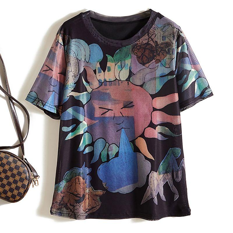 

Brand Vision! Export Single ~ Women s Summer High Elastic Cotton Yarn round Neck Short Sleeve Fashion Cartoon T-shirt Younger Flower color L