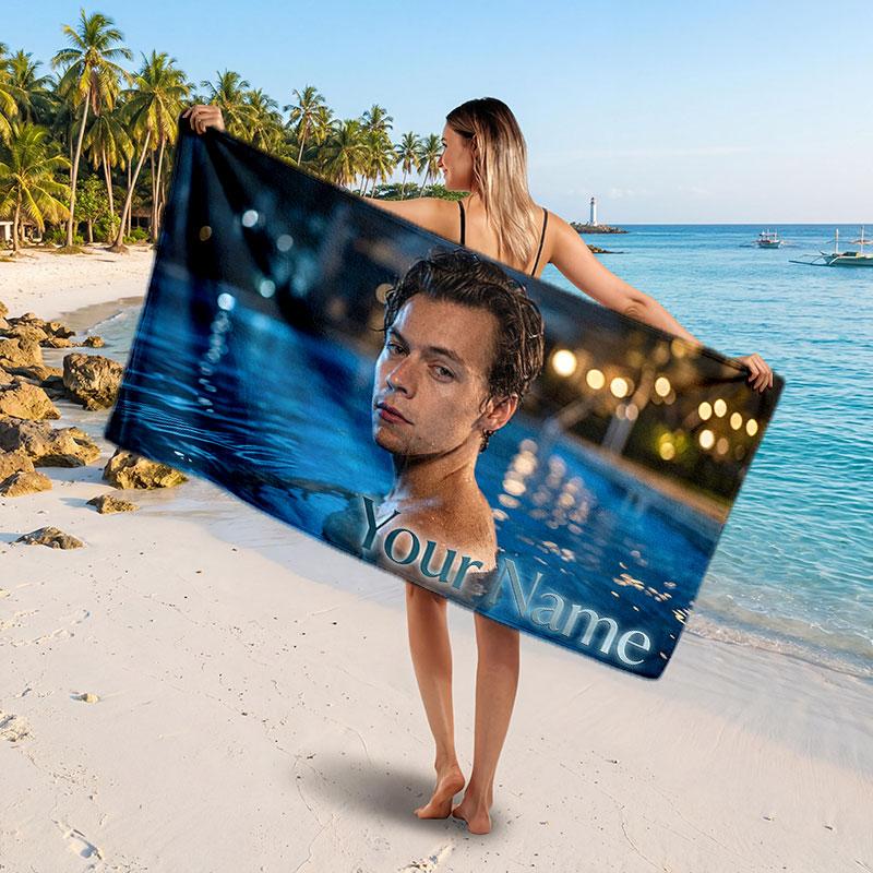 Harry Styles Customized Name Text Beach Towel, Soft Absorbent Towel Beach Pool Travel Personal Gift