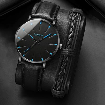 2pcs/set Men's Fashion Ultra Thin Watches Simple Men Business PU Leather Strap Quartz Watch&Bracelet