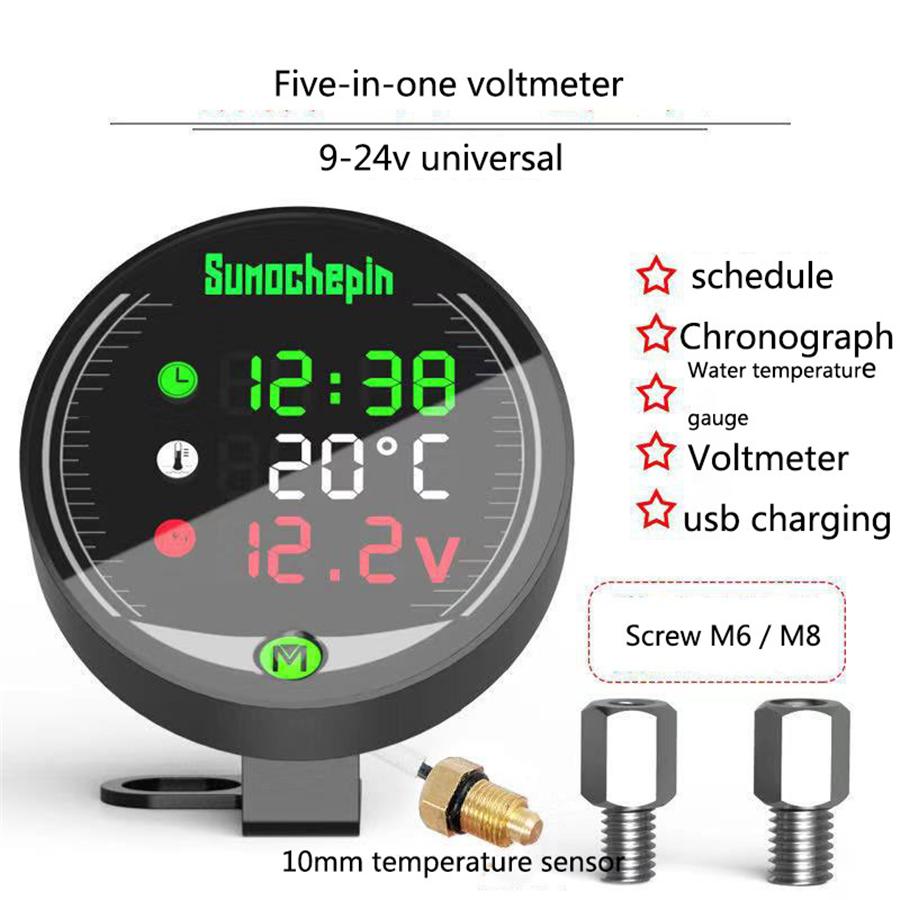 Motorcycle 5 In 1 Electronics Water Temp Guage Time/Voltage Display USB Charger