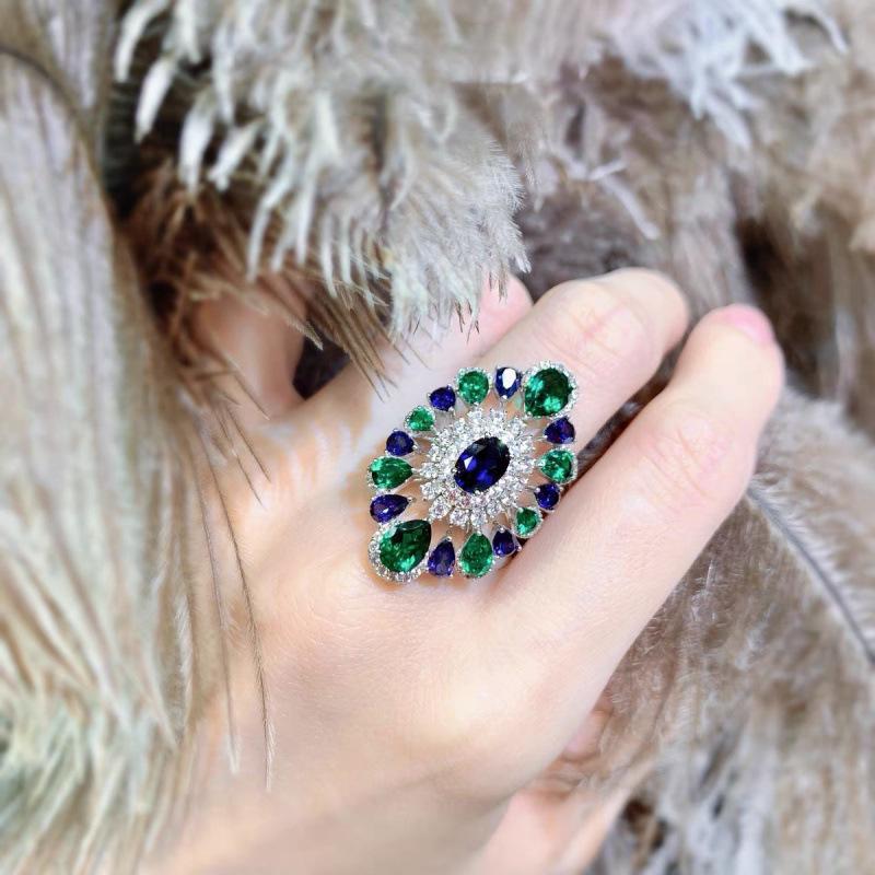 Vintage 18K Gold-Plated Adjustable Emerald Zircon Ring for Women Adjustable Open