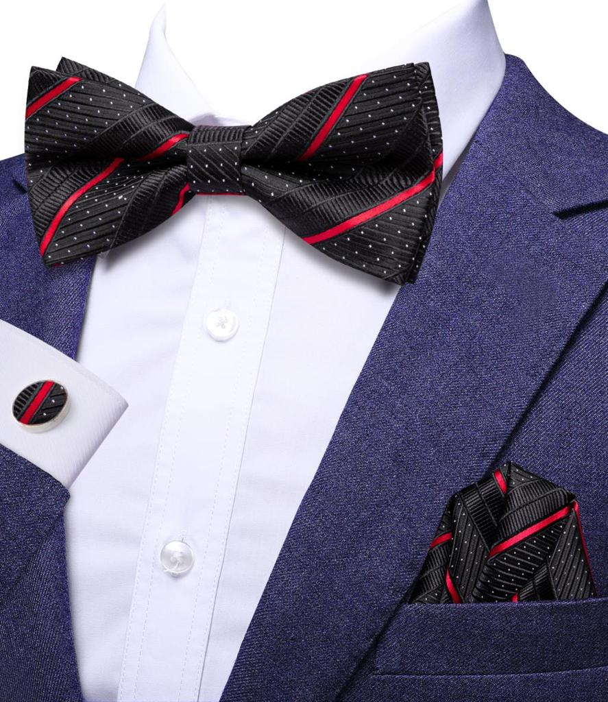 Hi-Tie Gestreifte Schwarz Rot Herren Fliege Einstecktuch Manschettenknöpfe Vorgebundene Seide Schmetterlingsknoten Fliege für Herren Business Party Großhandel
