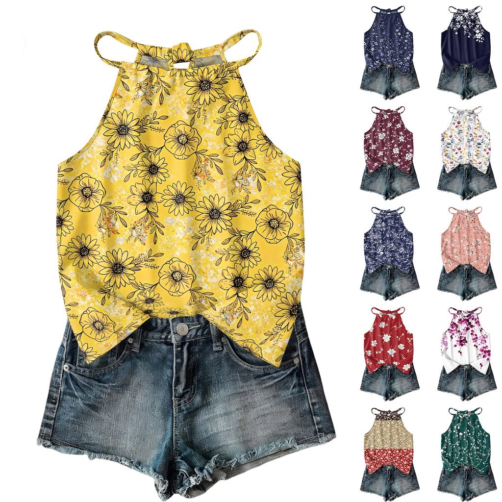 Women Sleeveless Bohemian Floral Print Tank Top Loose Fit Neck Blouse Casual Summer Lightweight Camisole Shirt