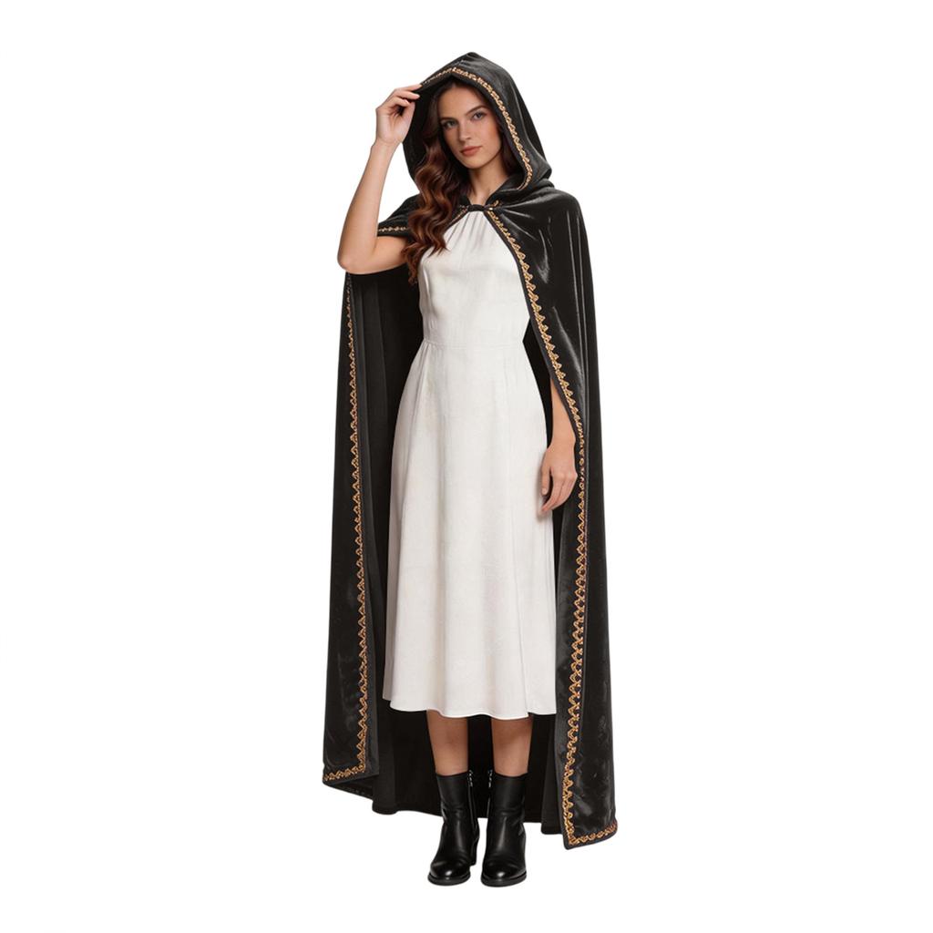 Manteau à Capuche en Velours pour Femme Longue Cape avec Passementerie Décorative pour Costume d'Halloween Cosplay et Événements Thématiques