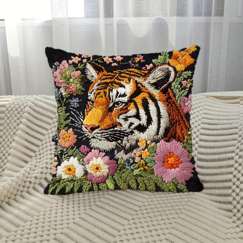 Embroidered Tiger Throw Cushion Covers Chair Living Room Pillowcase Cozy Zipper Sofa Pillow Covers Bedroom Indoor Home Decor