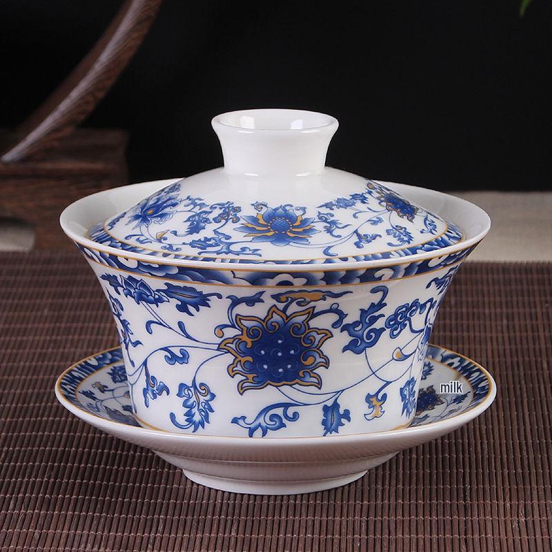 Extra Large Jingdezhen San Cai Gaiwan Ceramic Tea Set for Gongfu Eight Treasures Brewing, Ideal for Office and Home Use.