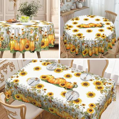 1 Fall Thanksgiving Plaid Round Table Cloth Pumpkin Maple Leaf Floral Print Dining Table Decoration, Indoor And Outdoor Universal