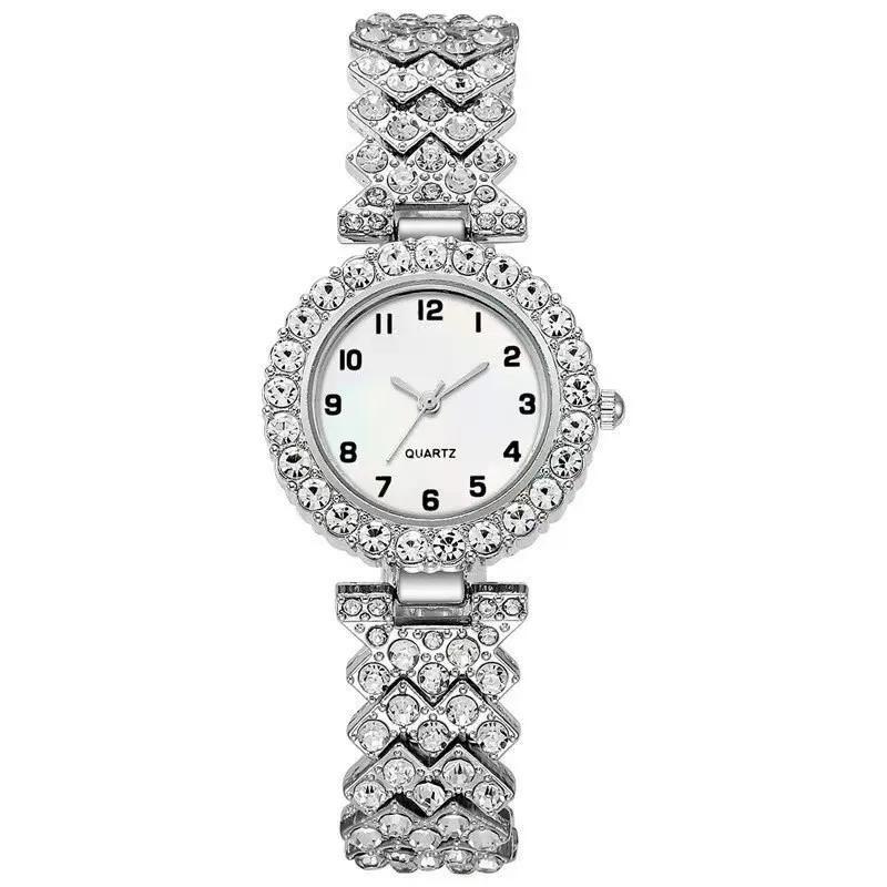 

2PCS/Set Rose Gold Women Wristwatch Roman Numeral Dial Rhinestone Quartz Watch Alloy Strap Watch Jewelry Set Gift for Mom срібний