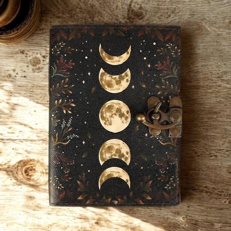 Vintage Leather Journal, Moon Phase Handmade Fat Leather Journal, Blank Spell Book of Shadows, Sketchbook, Gifts For Him Her