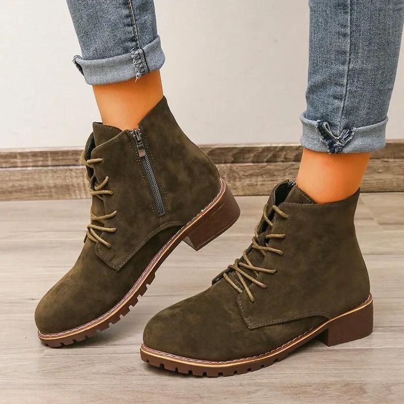 Retro Short Boots  Autumn Winter New Round Head Solid Color Simple Side Zipper Versatile Anti Slip Women's Shoes Large Size