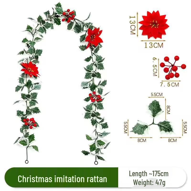 Christmas Red Berry Vine Greenery with Artificial Flowers for Holiday Decor