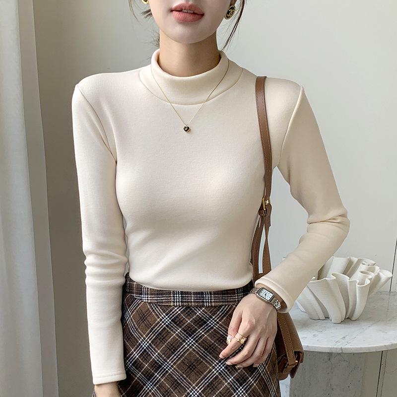 Women's Modal Velvet Half-High Collar Long-Sleeved Slim Warm Bottoming Shirt for Autumn and Winter
