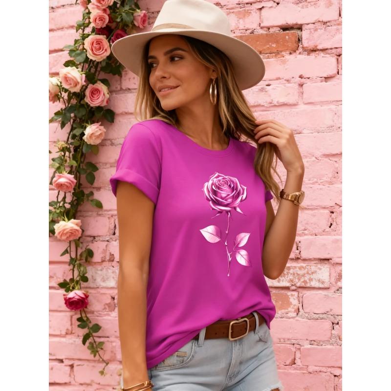 Golden Rose Pattern T-shirt, Short-sleeved Casual Crew Neck Top, Spring and Summer Women's Clothing