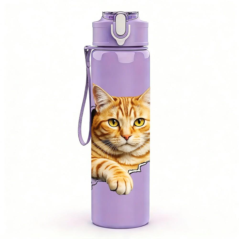 1PC Cat Head Tear Through Paper Print 750ml Color Plastic Sports Water Bottle Leakproof Flip Straw Lid Suitable for Sports Office Home Use