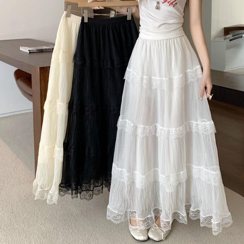Women's White Lace-Tulle Tiered Cake Midi Skirt - Sweet Slim-Fit A-Line with Versatile Design for All Occasions
