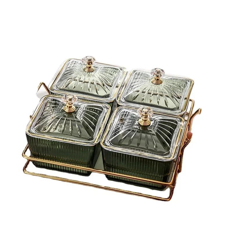 Transparent Square Dessert Jar Dish Grid Dried Fruit Salad Plate Snack Dishes Food Storage Preserved Tray Box Lid Bowl Tableware