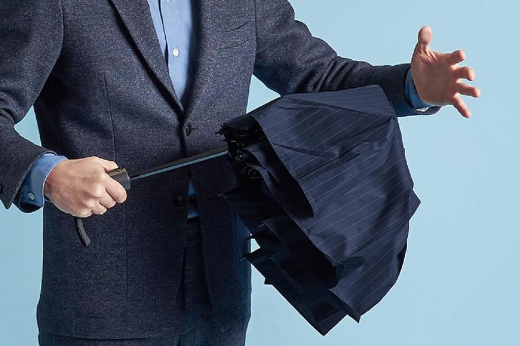 Komiya Shoten Large Automatic Opening and Closing 65cm Folding Umbrella for Men Durable Fiberglass Super Water Repellent Teflon Safety Pinstripe