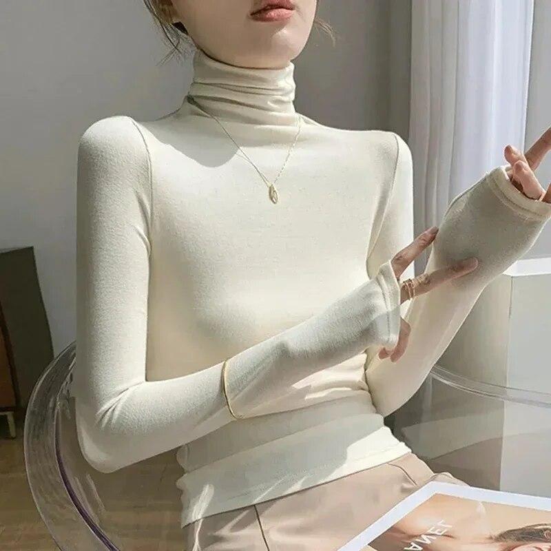 Turtleneck Undershirt Thin Velvet Slim Solid Color Women's Long Sleeved Pullover Simple Casual Korean Fashion Autumn Winter