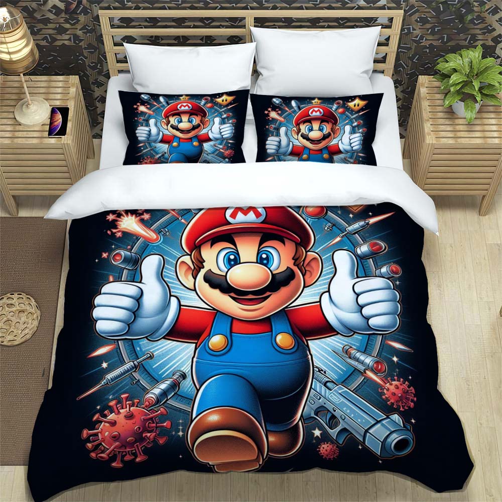 Comfortable Bedding Set, 3D Cartoon Mario Three-piece Set, Including Duvet Cover and Pillowcases.