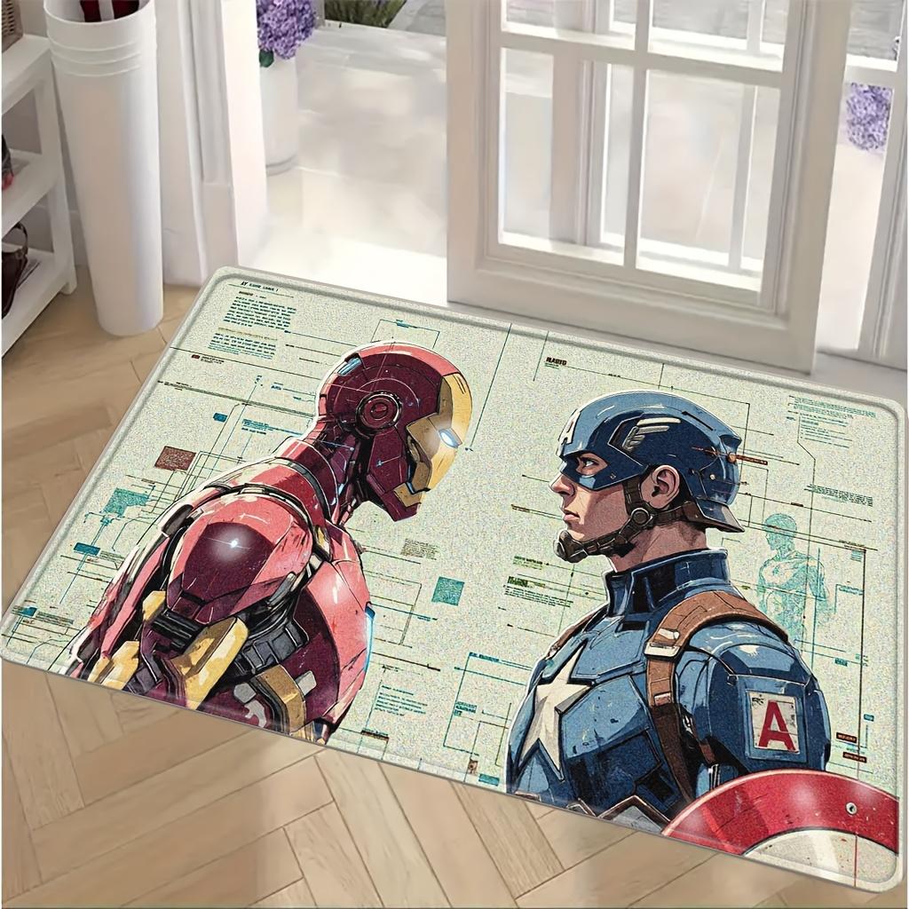 Marvel 1pc Cartoon Print Floor Mat, Iron for Man and Captain America Tech Blueprint Style Illustration, Easy to Clean, Suitabl