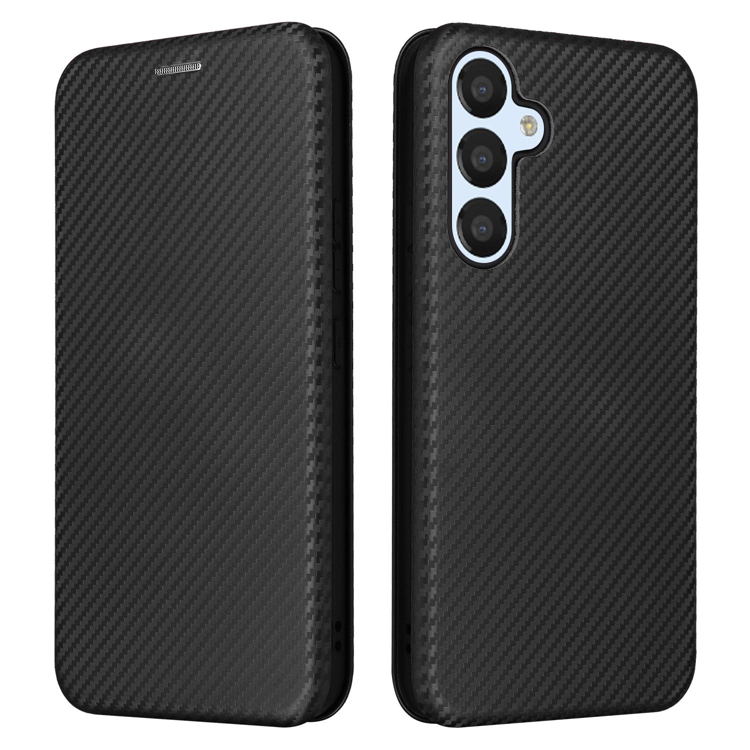 

For Samsung Galaxy A54 5G Carbon Fiber Texture Magnetic PU Leather Anti-scratch Phone Case Stand Drop-proof Mobile Phone Cover with Card Slot Black