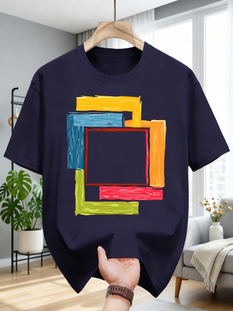 Unisexs Casual Shortsleeved Tshirt Featuring A Handpainted Colorful Square Pattern And A Summerready Crew Neck Casual Style