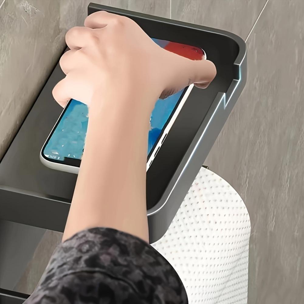 1pc Modern Self-Adhesive Plastic Toilet Paper Holder with Shelf, Wall Mounted No-Drill Tissue Roll Dispenser with Storage for Bathroom Accessories