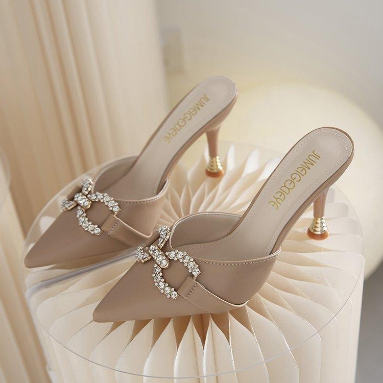 Cool Slippers Women'S Small Size Fashion Rhinestone High Heels Thin Versatile Pointed French Muller Half Slippers Women'S Bag Head