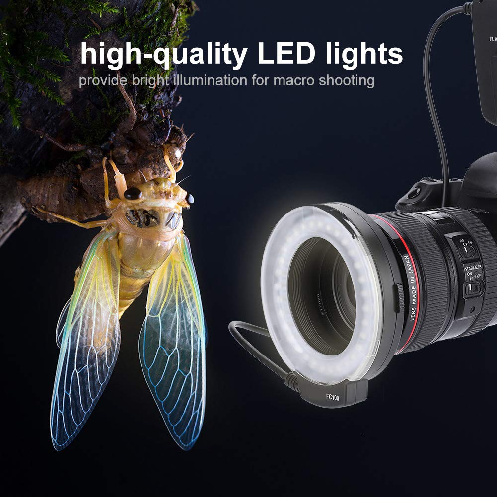 FC 100 Ring Flash, Close-up Strobe, LED Macro Ring Light, Macro Ring Flash, LED Macro Ring Flash Light, 7 Bright Lights, Plastic, 5000k, for Canon