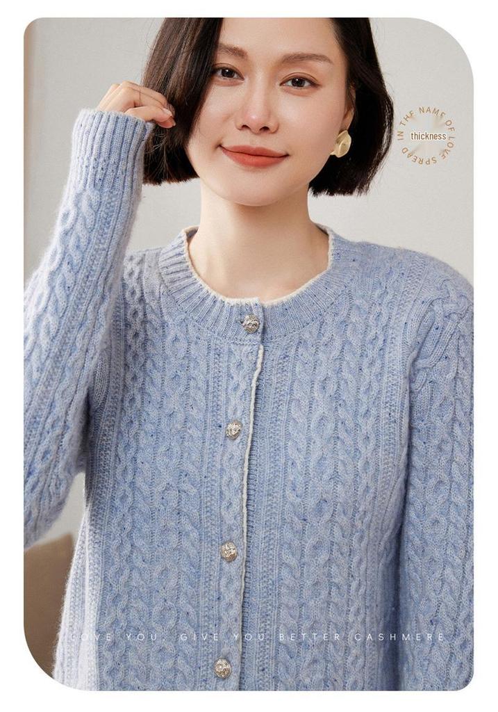 Women's Autumn/Winter Cashmere Knit Cardigan - Versatile Round Neck Elegant Cable Sweater Coat