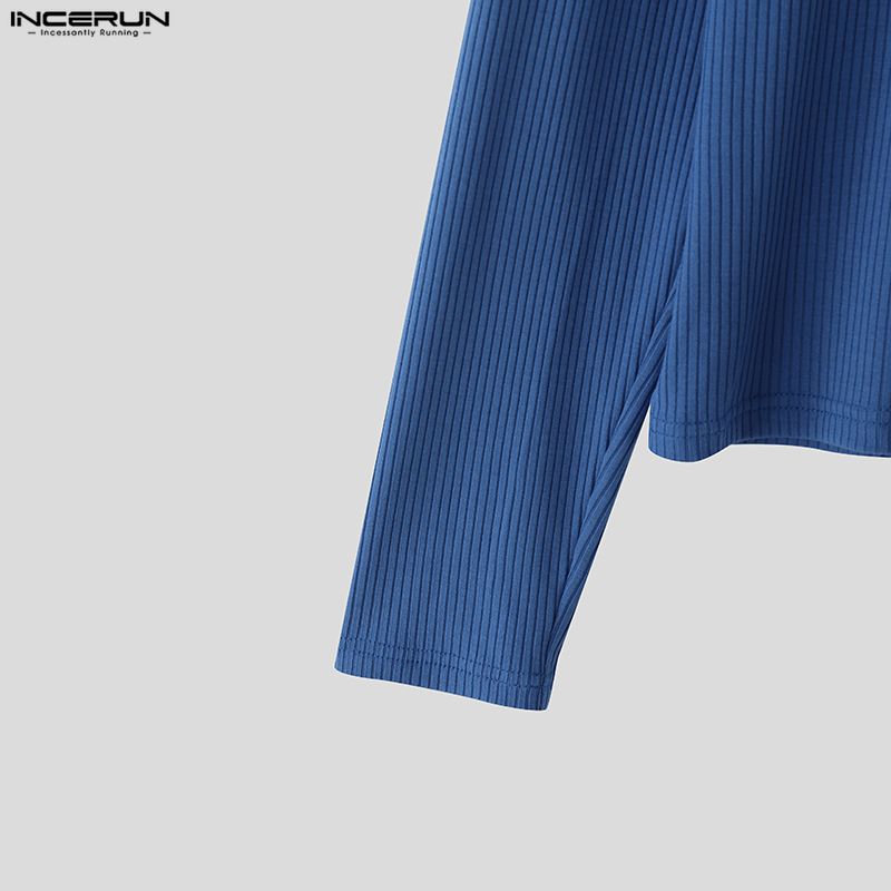 INCERUN Men's Square Collar Long Sleeve Patchwork Buttons Fitted Cropped T-shirts Tops