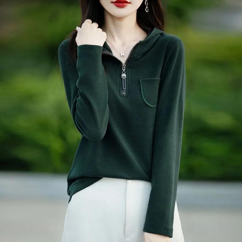 Women's Korean-Style Casual Half-Zip Hoodie Solid Color Pullover Plus velvet Long-Sleeve Hooded Sweatshirt