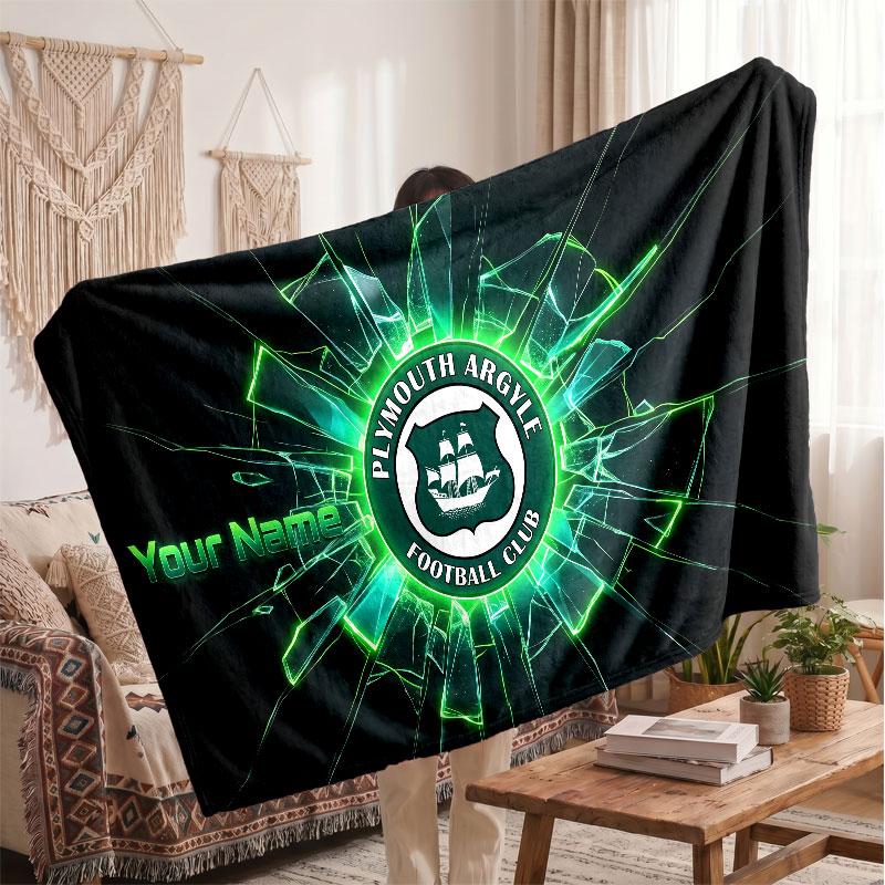 Plymouth Argyle FC Personalized Fleece Blanket With Football Logo, Custom Name Text Soft Warm Home Throw Blanket