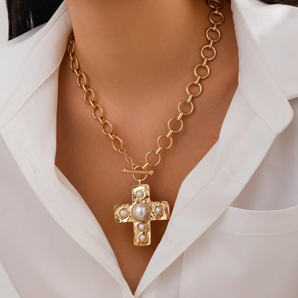 Ingemark Creative Imitation Pearls Cross Pendant Choker Necklace for Women Trendy Retro Chunky Chain Men Steampunk Neck Jewelry